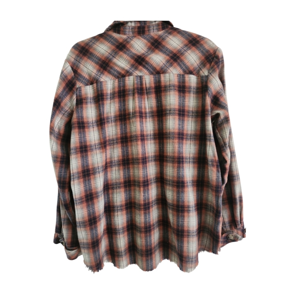 Plaid Flannel Shirt L Democracy Jacket Button Up Top Relaxed Fit Pockets - Picture 2 of 10